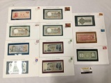 11 Franklin Mint UNC banknotes of all nations with stamps incl. China 1981, Japan, France 85, etc