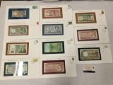 11 Franklin Mint UNC banknotes of all nations with stamps - France 1985, Australia 1982 +