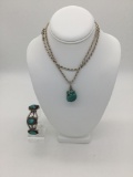 Vintage sterling silver necklace and bracelet with turquoise stones - 105.3 grams total weight