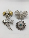 4 sterling silver brooches incl. grapes, butterfly, fish & 1 w/ turquoise stones - 32.5 grams total