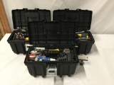 3 Husky tool boxes full of hand tools and meters.