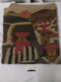 Vintage handmade brown and red wool tapestry or thick blanket depicting mountain life - as is