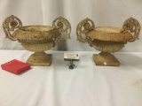 2 antique look cast metal vases/jardinieres with dual handles - nice set