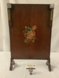 Antique tiger oak fireplace screen with hand painted flower detail - circa early 1900's