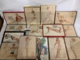 14 professionally framed mid century Esquire Girl pin up calendar pages - figure art by Varga