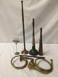 Collection of 5 antique & vintage horns incl. Calura C flute, bugles/hunting horns & carriage horn