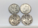 4 silver half dollars. 1964 Kennedy, 1953 Franklin, 1943 Walking Liberty, and 1942 Walking Liberty