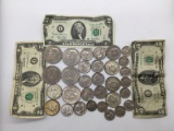 Collection of US coins & bills incl. 4 Eisenhower half dollars, Kennedy halves, 1950 $5 bill, and