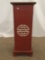 Thin red Asian end table with cabinet & painted Chinese symbol on front & back