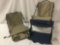 Three foldable camping chairs from companies like Rio Adventure, approx. 18x17x4 inches each.