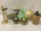 Seven ceramic, metal, glass, and composite small jars, razor, and containers, approx. 4x3x6 inches.