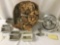 Box full of vintage fixtures, a fan, hardware, and other misc. items, approx. 17x15x16 inches.