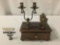 Vintage wood and brass desk top candle holder pen holder ink well w/ drawer approx 9x6x10 inches
