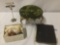 Two antique billiard balls, a small ottoman, and an antique hand written cook book, approx. 12x9x11