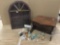 Collection of 17 glass, plastic, and stone animal figurines with a curio case and stand.