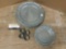 Collection of 8 vintage Crown Castle LTD pewter plates and 4 pewter napkin rings, made in USA.