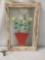 Hanging vintage glass art piece made from window w/ painted flowers, approx. 24x15.5x4 inches.