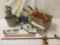 Big tool lot, incl. clippers, saws, axes, hammers, & other items, approx. 12x12x22 inches.