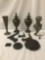 Ten mostly wood regal decorations, incl. vases, a bust, plate displays, stands, etc. approx.7x6x15