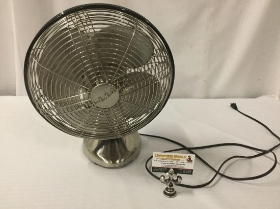 Vonnado chrome fan, tested and working but has disconnected from base at neck, approx 15x17x10