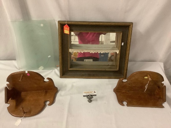 5x vintage/antique home decor: window box shelf with mirror back, 2x wood carved shelves w/ hat