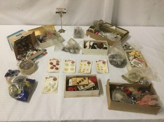 Large lot of buttons and some other misc. craft items, approx. 16x12x10 inches.