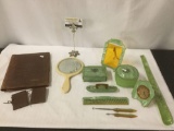 Antique art deco bakelite vanity set incl. frame, clock, comb, picks, mirror