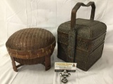 Lot of 2 antique Asian food containers; woven rice basket and bento box