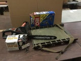Collection of tools, new spray gun, Ryobi drywall/deck screwdrivers, chainsaw and military seat.