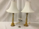 Pair of modern composite and metal lamps with white shades, some wear see pics, approx. 15x15x26