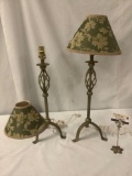 Pair of modern table lamps with floral design shades in green and cream, tested and working, approx