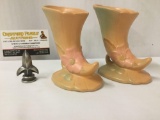 Pair of art deco Weller cornucopia ceramic vases with flower design - good cond