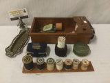 Wooden sewing kit filled w/ sewing supplies, approx. 12x6x3 inches.