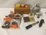 Wood box w/ vintage tins, shaving kit, tiny collapsible telescope, and more, approx. 10x6x4 inches.