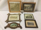 Six framed images of rural life, one of which has a hand towel bar, some wear as is, approx.15x12x2