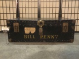 Antique wooden Bill Penny steamer trunk with leather straps - key not provided