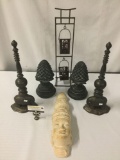 6 pieces home decor; pine cone book ends, tea candle hanging stand, Thai bust wall art, India