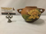 Vintage double-handled Roseville floral pottery art piece/vase, No.4371, approx. 8x6x4 inches.