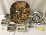 Box full of vintage fixtures, a fan, hardware, and other misc. items, approx. 17x15x16 inches.