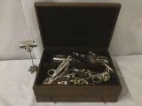 Vintage flatware box filled with Community silverware and some costume jewelry, approx. 16x11x6.5