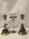 Pair of vintage metal and glass lamps with fluted lips, untested, approx. 4x4x14 inches.