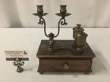 Vintage wood and brass desk top candle holder pen holder ink well w/ drawer approx 9x6x10 inches