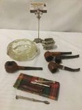 Vintage pipe smoking kit, incl. four pipes, glass ashtray, lighter, & pipe tools, approx. 7x7x5