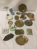 Sixteen vintage ashtrays, some risque and some historic, and a cigarette case, approx. 17x13x3
