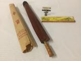 Lot of 2 Chinese imports; unused paper umbrella , wall scroll colander in box approx 28x4 inches