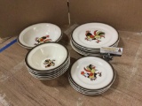 17 pieces of Vintage Poppytrail Metlox Red Rooster pattern plates and bowls.
