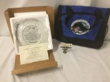 BNSF Railway commemorative plate w/ COA and tote, approx. 17x14x4 inches.