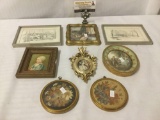 8 framed prints and pressed flowers, depicting antique and country scenes, approx. 5x7x4 inches.