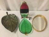 4x vintage/modern home decor; leaf green glass plate, mirrored tray, leaf tray, standing mirror