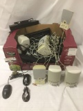 Box full of untested speakers, computer mouses, and misc. items, incl. Koss & Dell, approx. 24x16x12